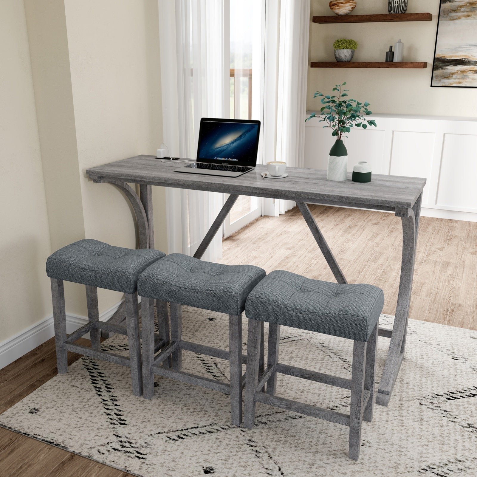 4-Piece Bar Table Set with Power Outlet – Industrial Dining Table and Chairs