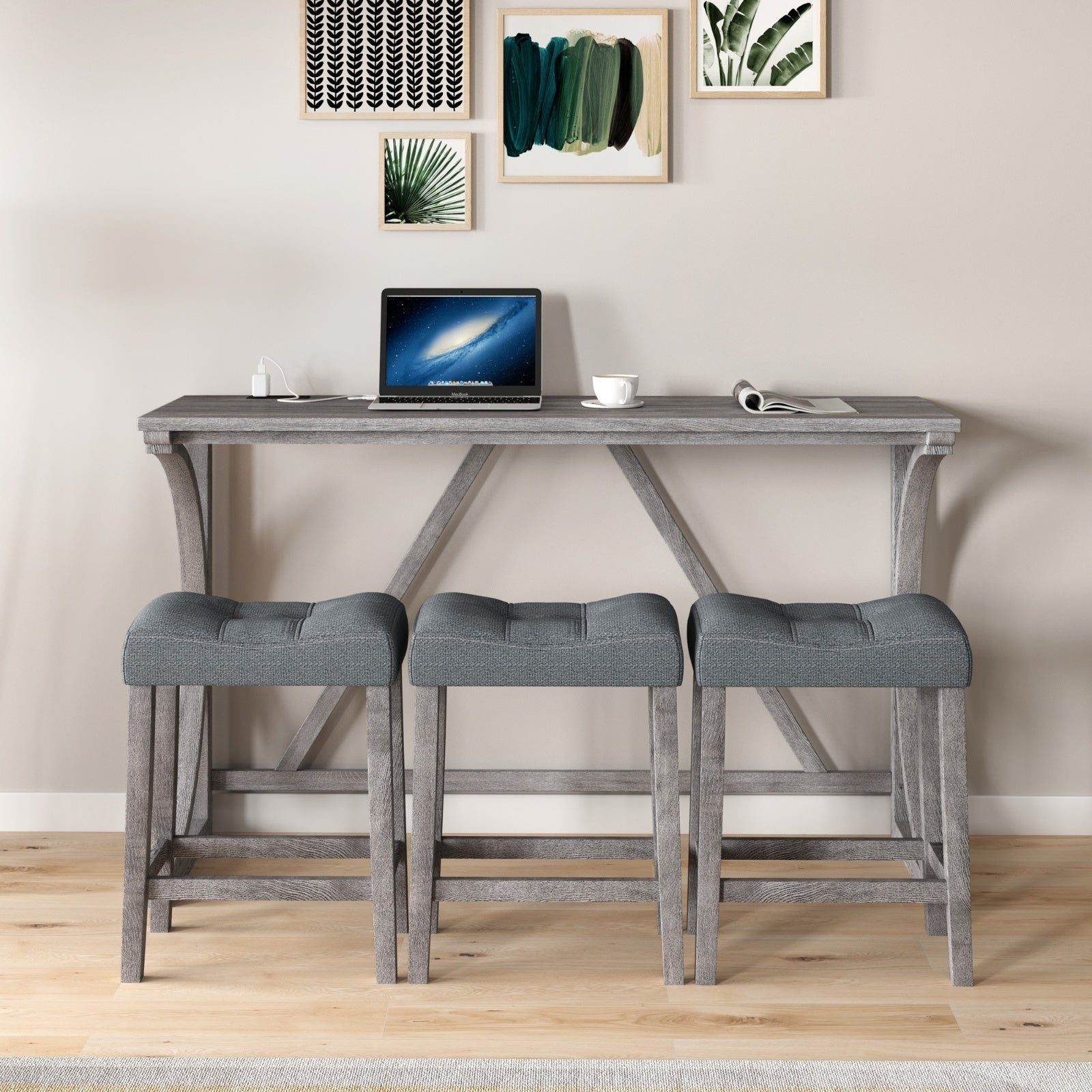 4-Piece Bar Table Set with Power Outlet – Industrial Dining Table and Chairs