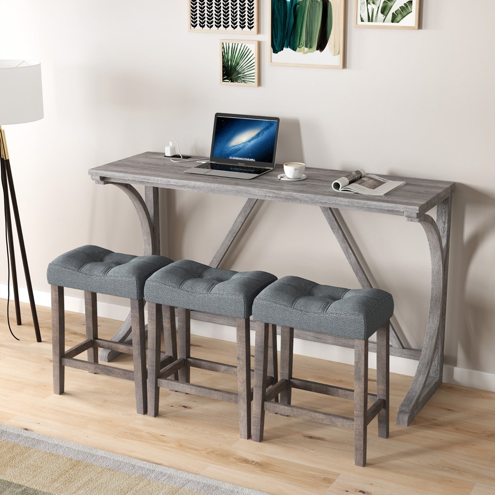 4-Piece Bar Table Set with Power Outlet – Industrial Dining Table and Chairs