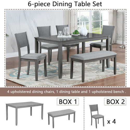 6-Piece Dining Set – Wood Table with 4 Upholstered Chairs and Bench