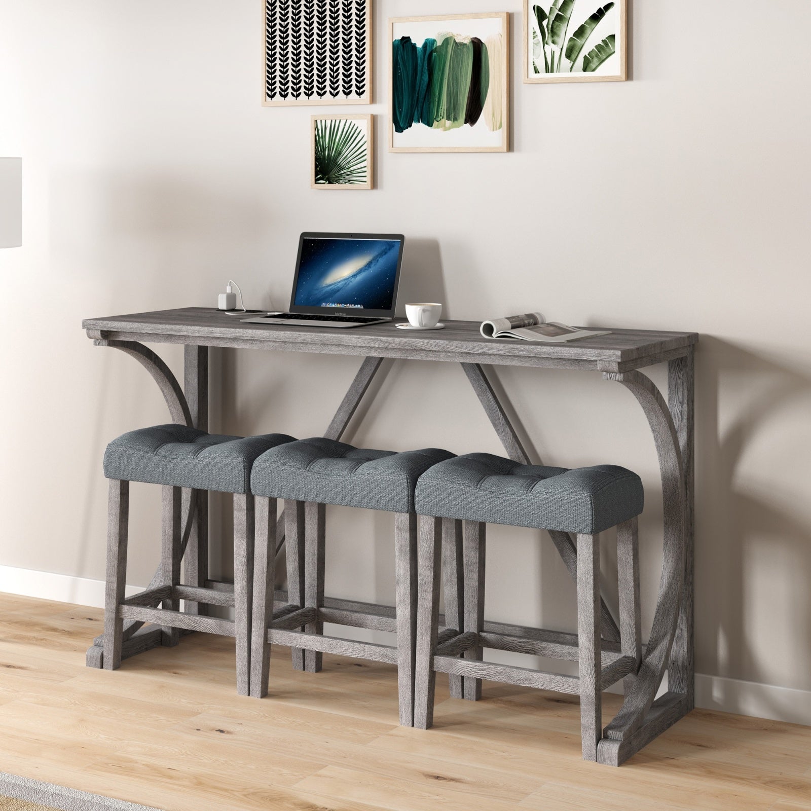 4-Piece Bar Table Set with Power Outlet – Industrial Dining Table and Chairs