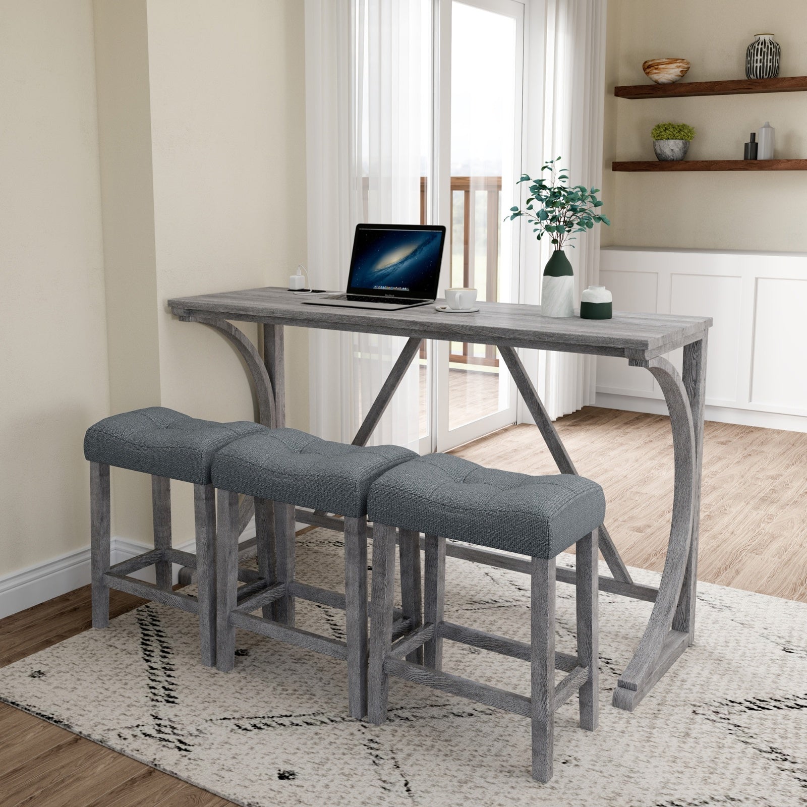 4-Piece Bar Table Set with Power Outlet – Industrial Dining Table and Chairs