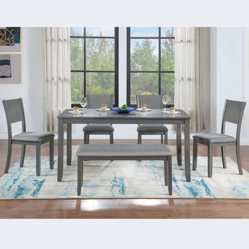 6-Piece Dining Set – Wood Table with 4 Upholstered Chairs and Bench