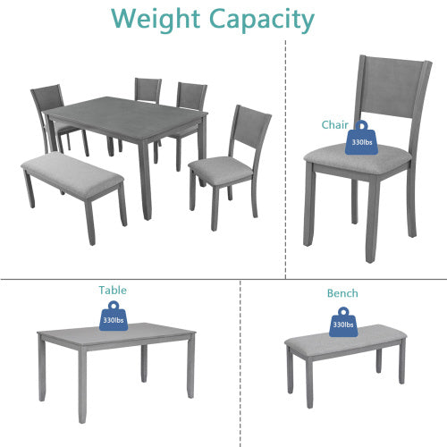 6-Piece Dining Set – Wood Table with 4 Upholstered Chairs and Bench
