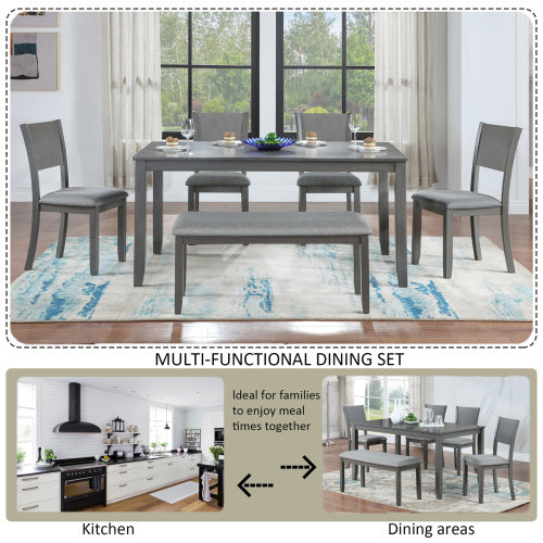 6-Piece Dining Set – Wood Table with 4 Upholstered Chairs and Bench