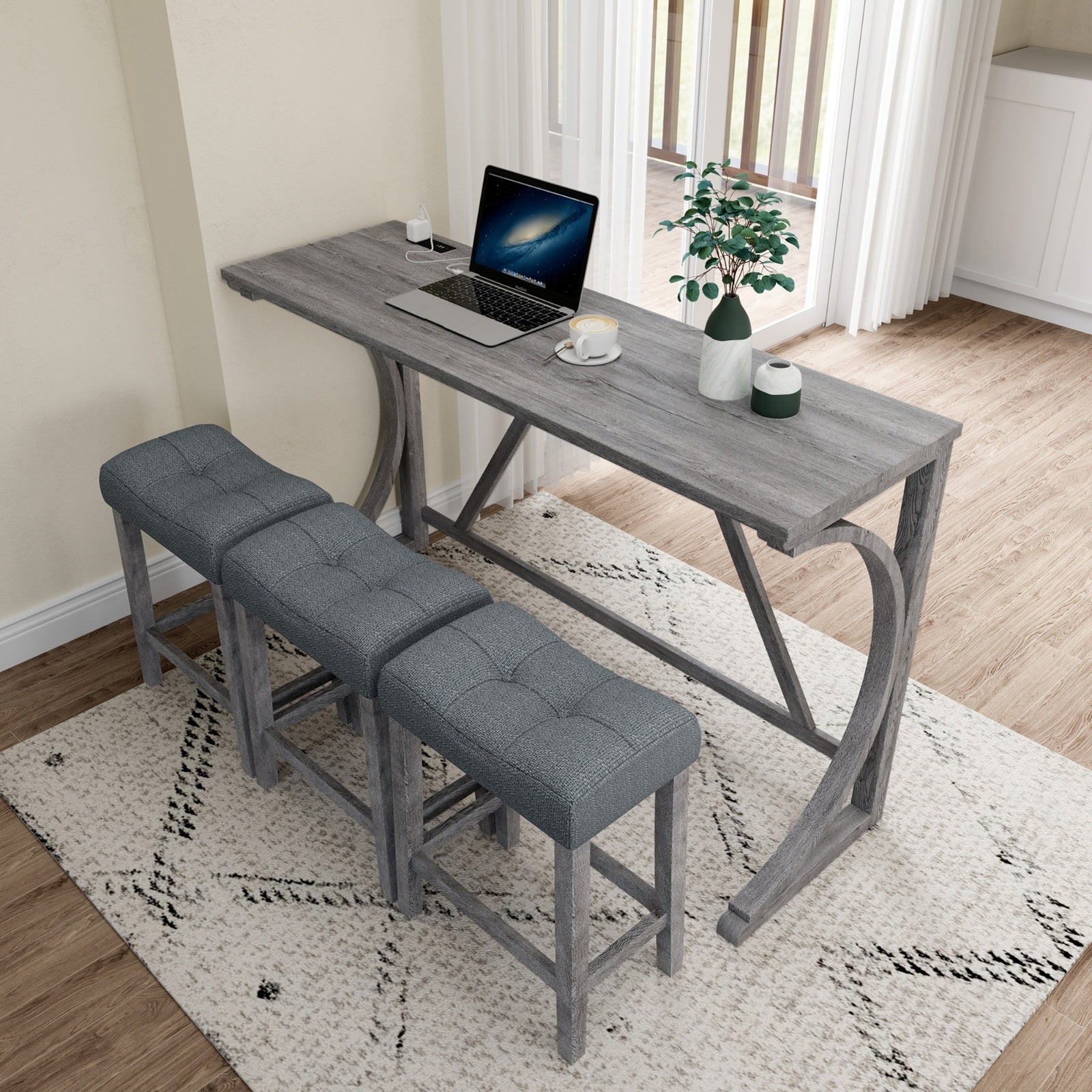 4-Piece Bar Table Set with Power Outlet – Industrial Dining Table and Chairs