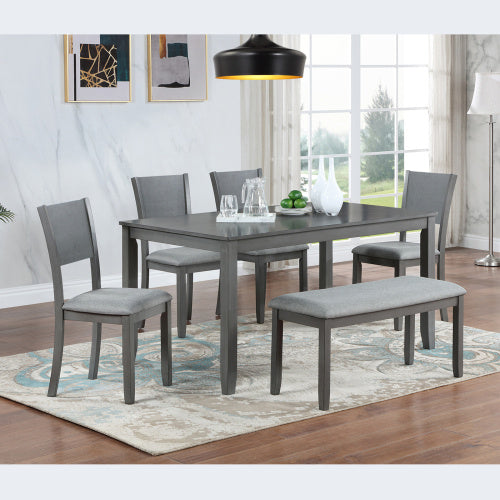 6-Piece Dining Set – Wood Table with 4 Upholstered Chairs and Bench