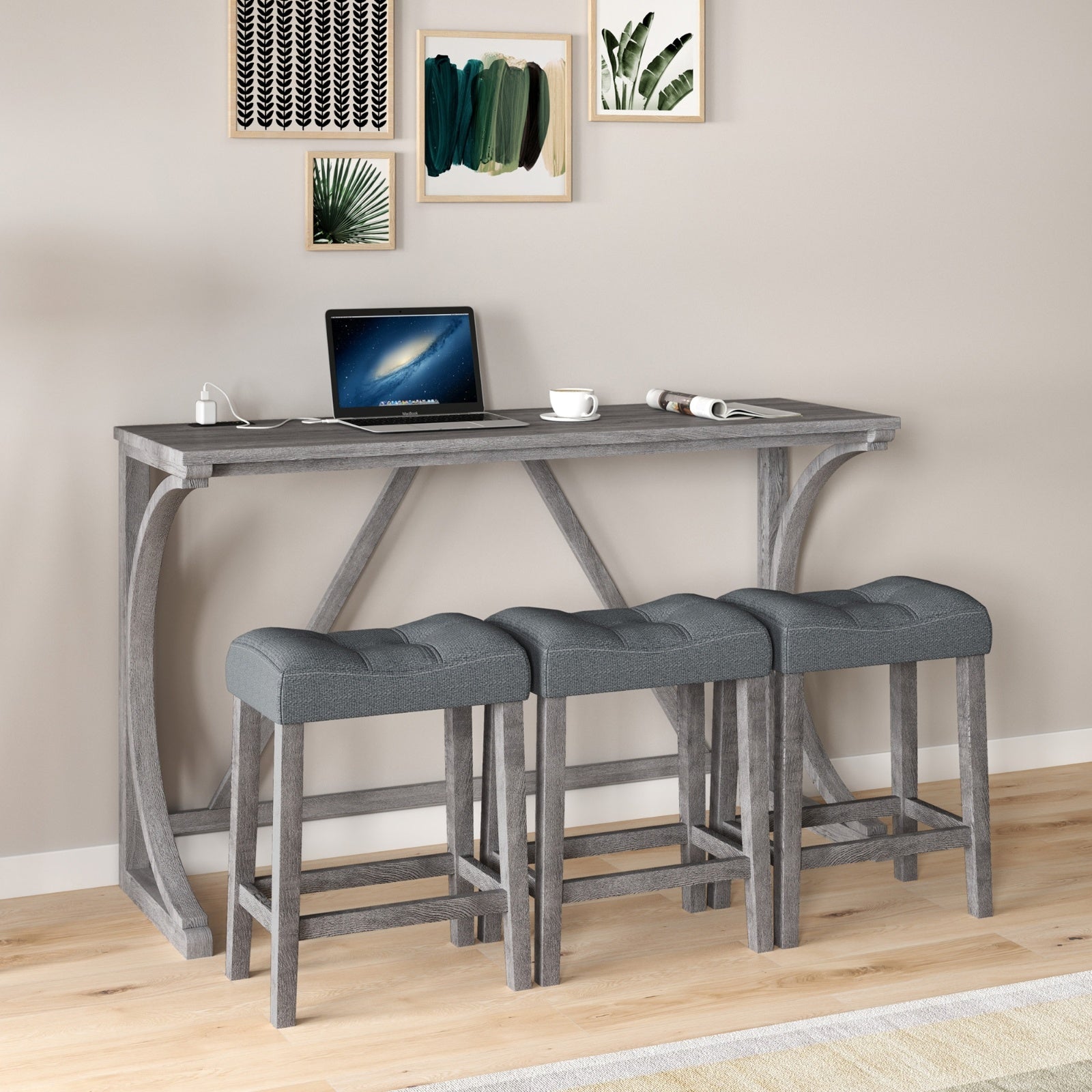 4-Piece Bar Table Set with Power Outlet – Industrial Dining Table and Chairs