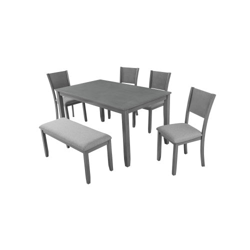 6-Piece Dining Set – Wood Table with 4 Upholstered Chairs and Bench