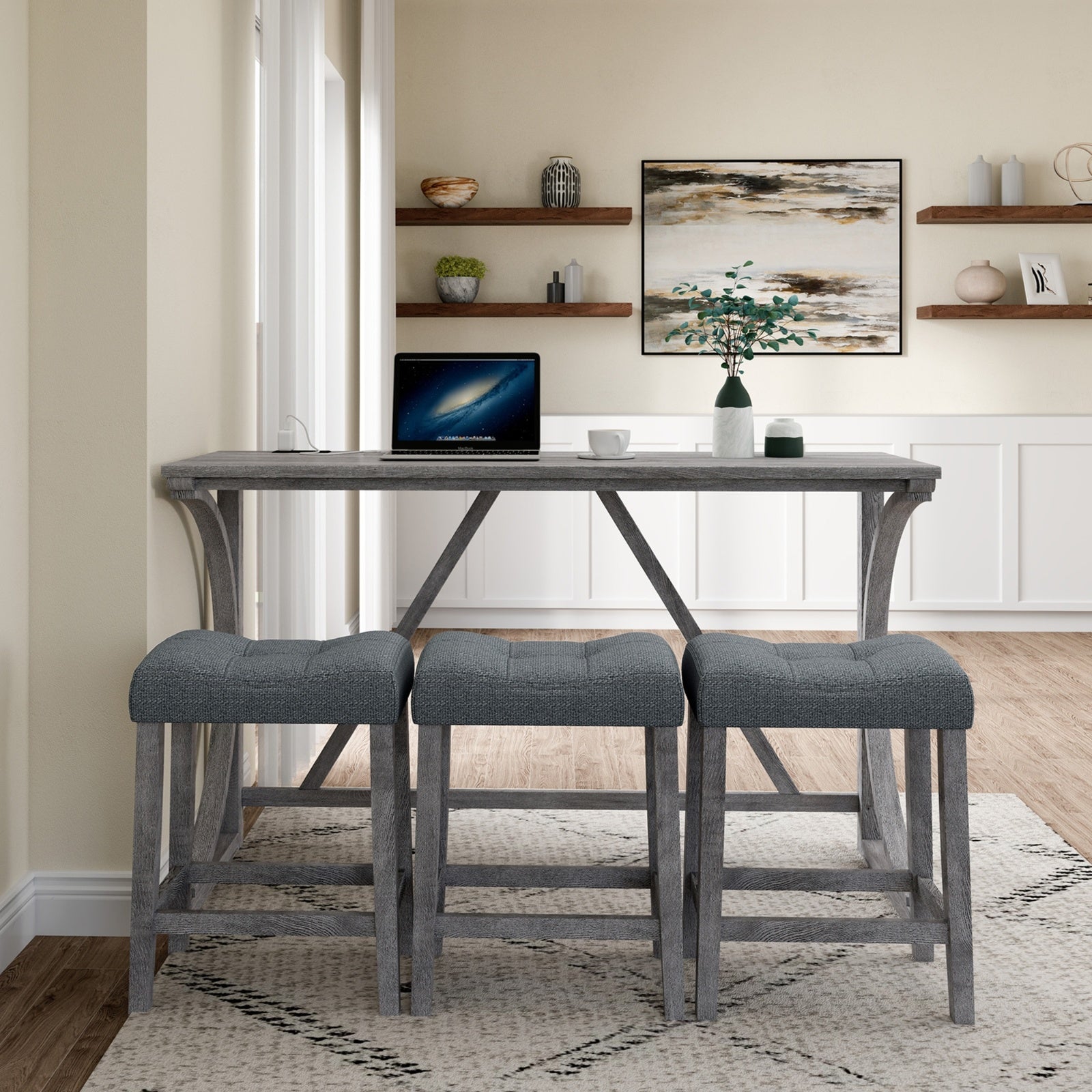 4-Piece Bar Table Set with Power Outlet – Industrial Dining Table and Chairs