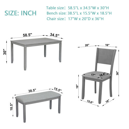 6-Piece Dining Set – Wood Table with 4 Upholstered Chairs and Bench
