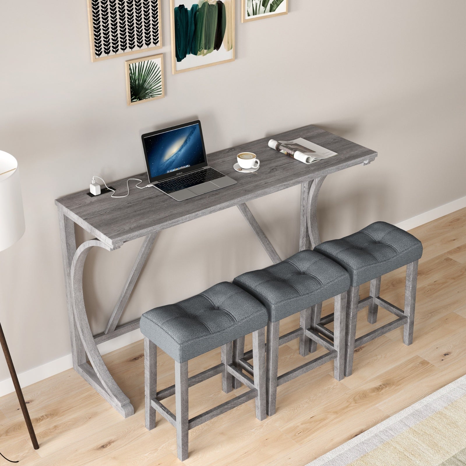 4-Piece Bar Table Set with Power Outlet – Industrial Dining Table and Chairs