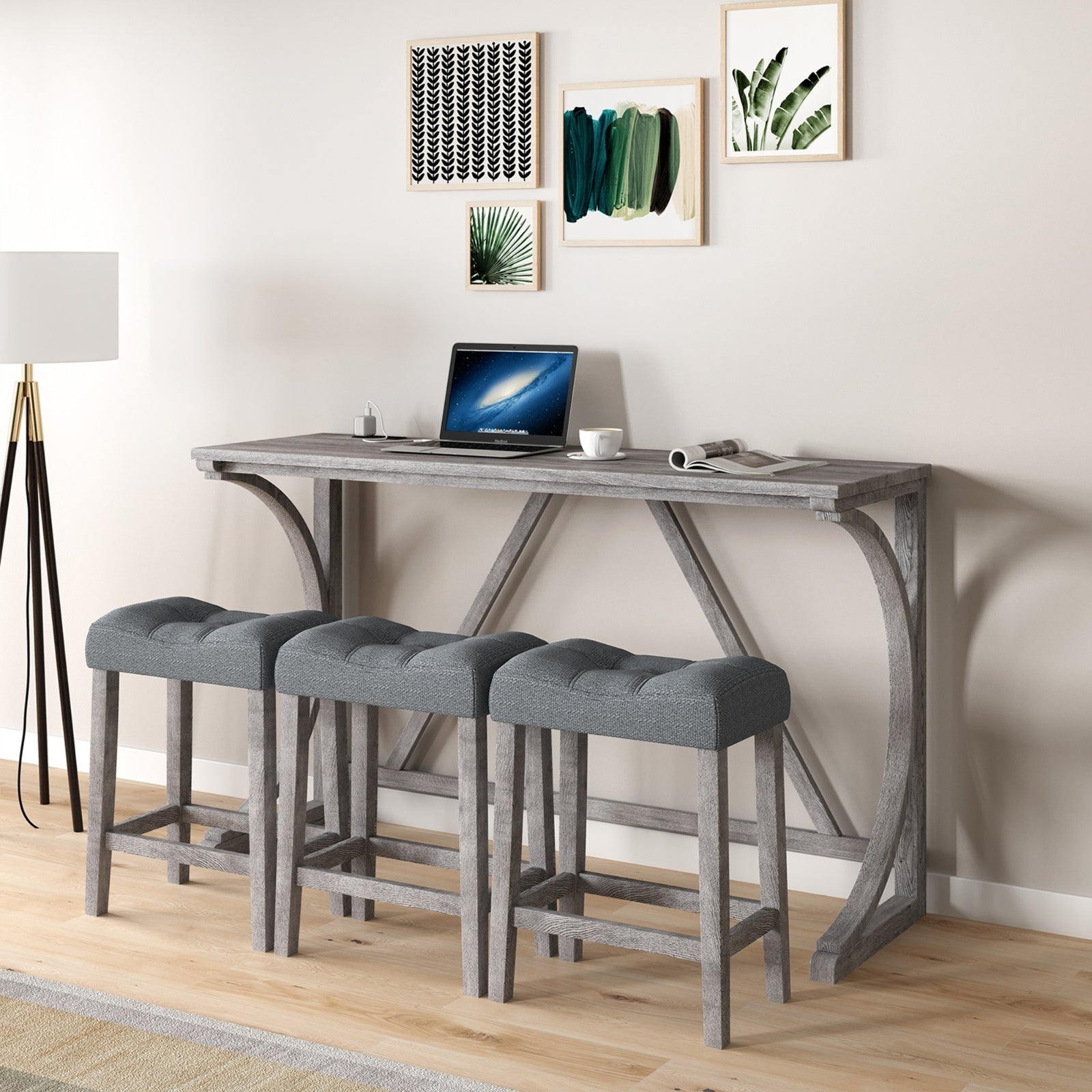 4-Piece Bar Table Set with Power Outlet – Industrial Dining Table and Chairs